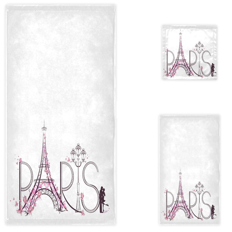 Naanle Chic Romantic French Paris Eiffel Tower Butterfly Soft Luxury Decorative Set of 3 Towels, 1 Bath Towel+1 Hand Towel+1 Washcloth, Multipurpose for Bathroom, Hotel, Spa and Beach(White) - Image 1